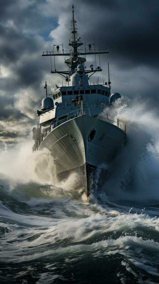 Warship sailing through rough waters photo