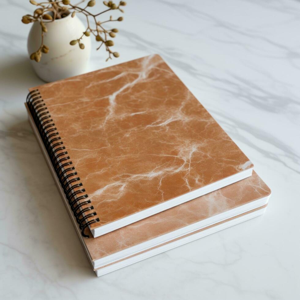 white and square notebook on a marble background photo