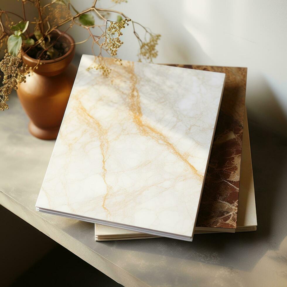 white and square notebook on a marble background photo