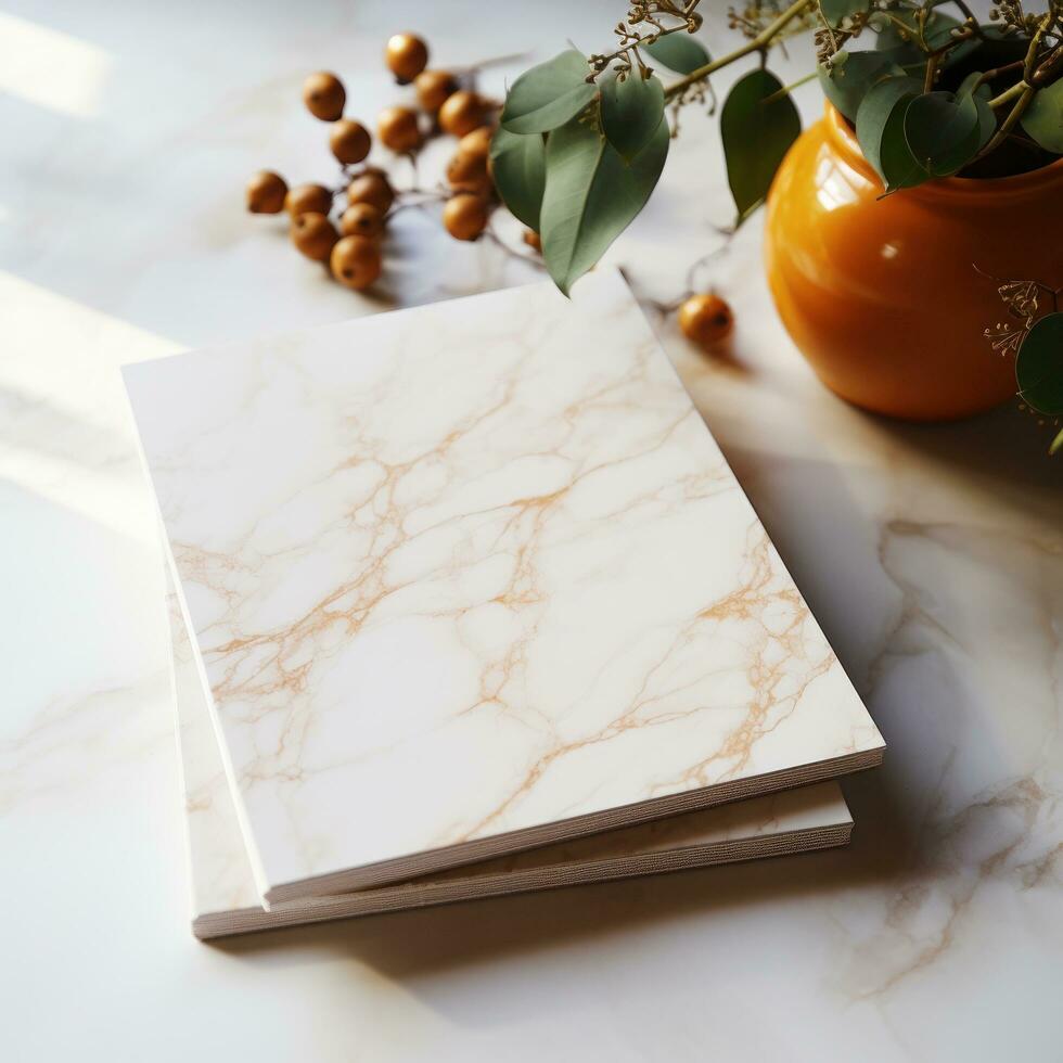 white and square notebook on a marble background photo