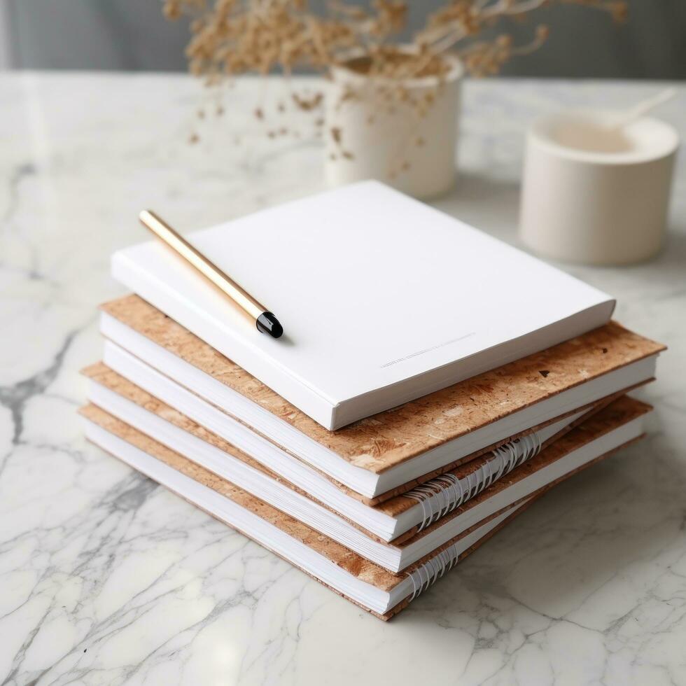 white and square notebook on a marble background photo