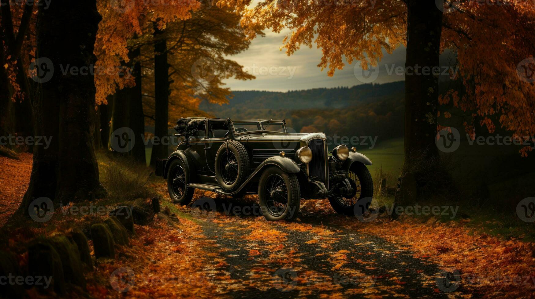 Vintage german car on the road in autumn forest. Retro second world war period. photo