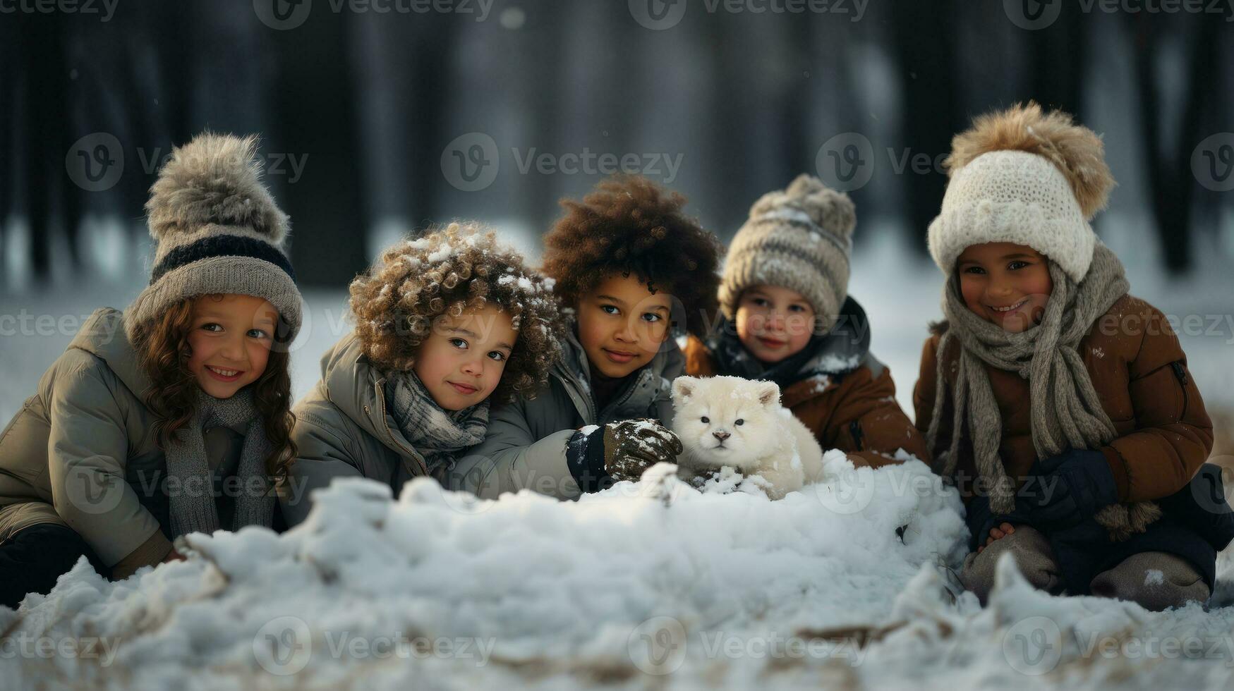 Group of happy children playing with snow in winter forest at Christmas time. photo