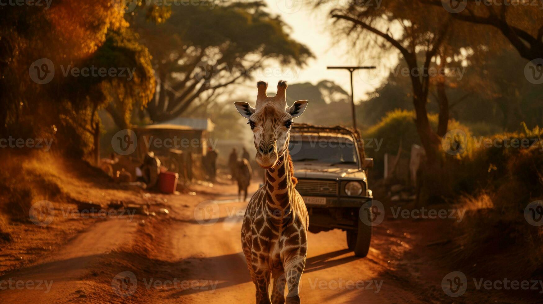 jirafa en contra safari suv en el sabana de África, Kenia, África foto