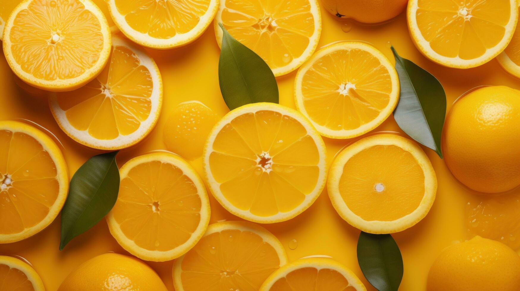 oranges, fresh green leaves and top view on yellow background photo