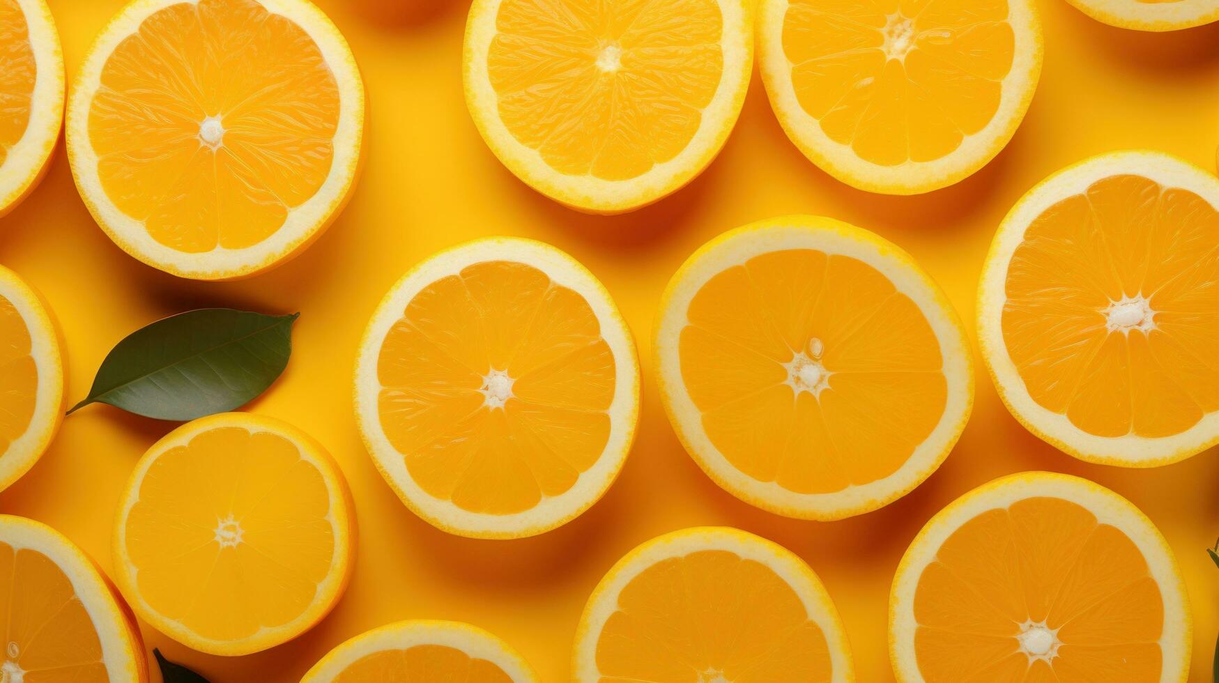 oranges, fresh green leaves and top view on yellow background photo