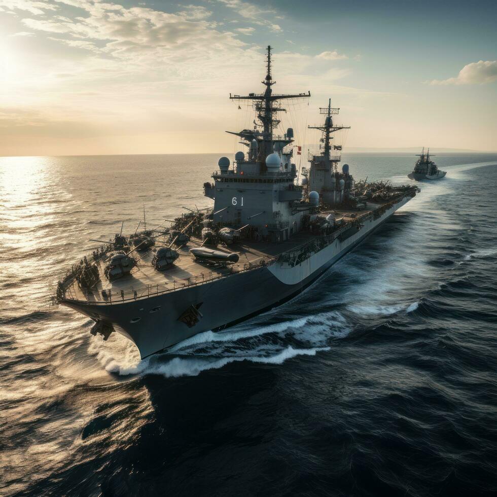 Military liner at sea with helicopters and warships photo