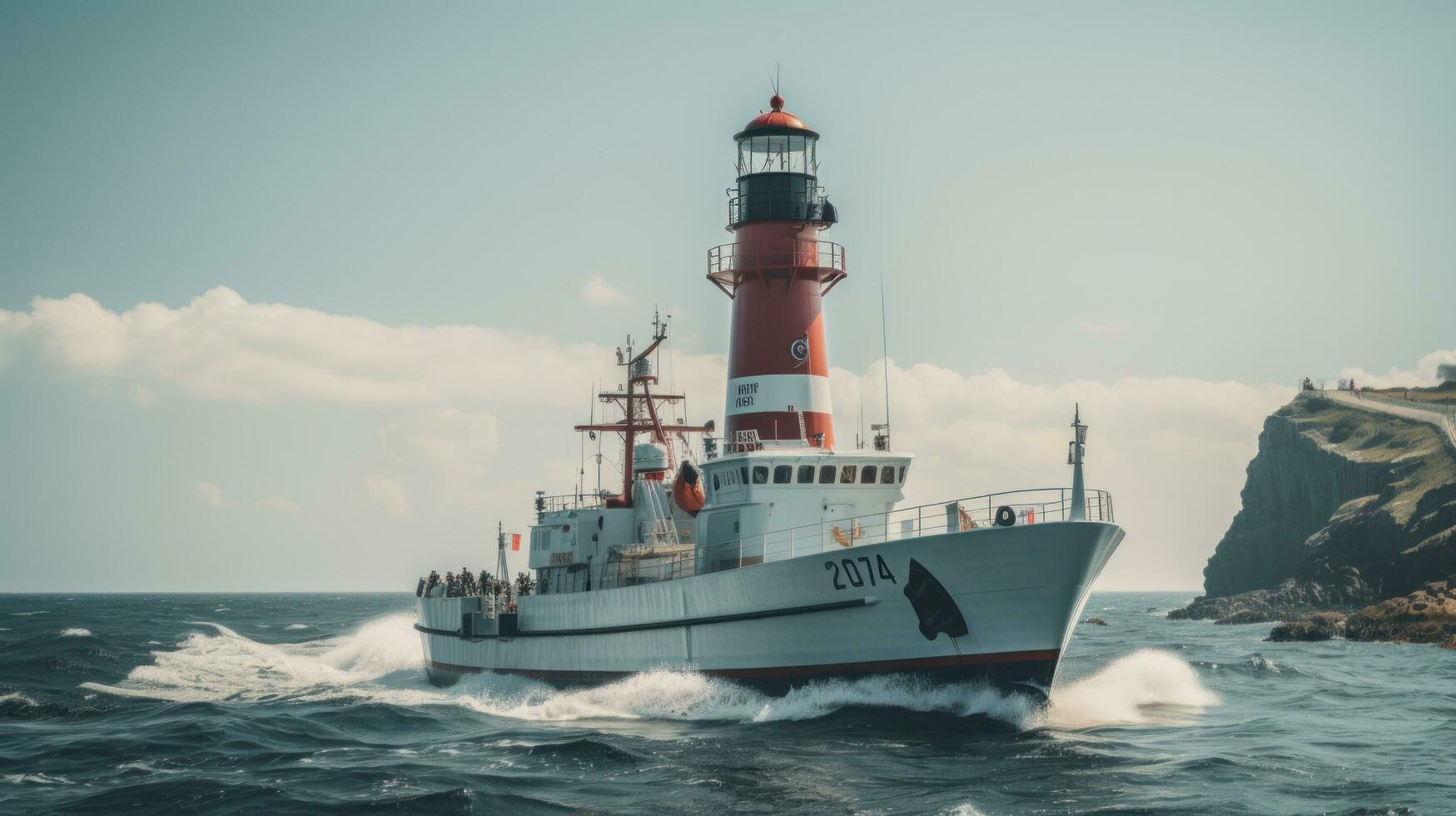 Military liner at sea with helicopters and warships photo