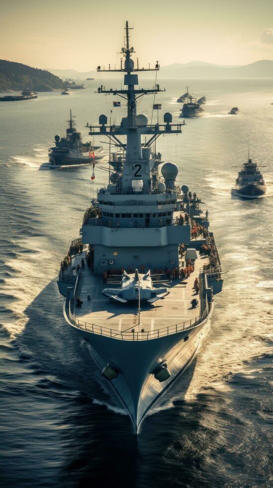 Military liner at sea with helicopters and warships photo