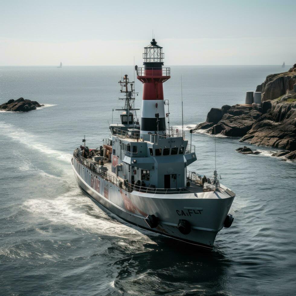 Military liner at sea with helicopters and warships photo