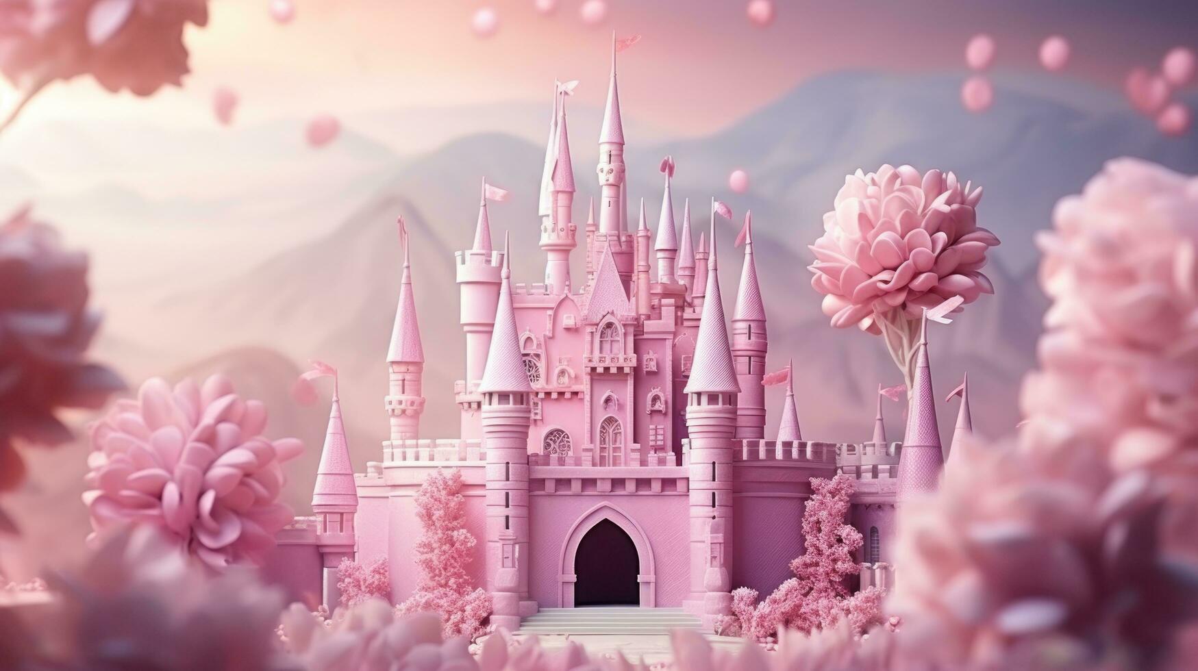 pink unicorn. pink blurred princess castle background photo