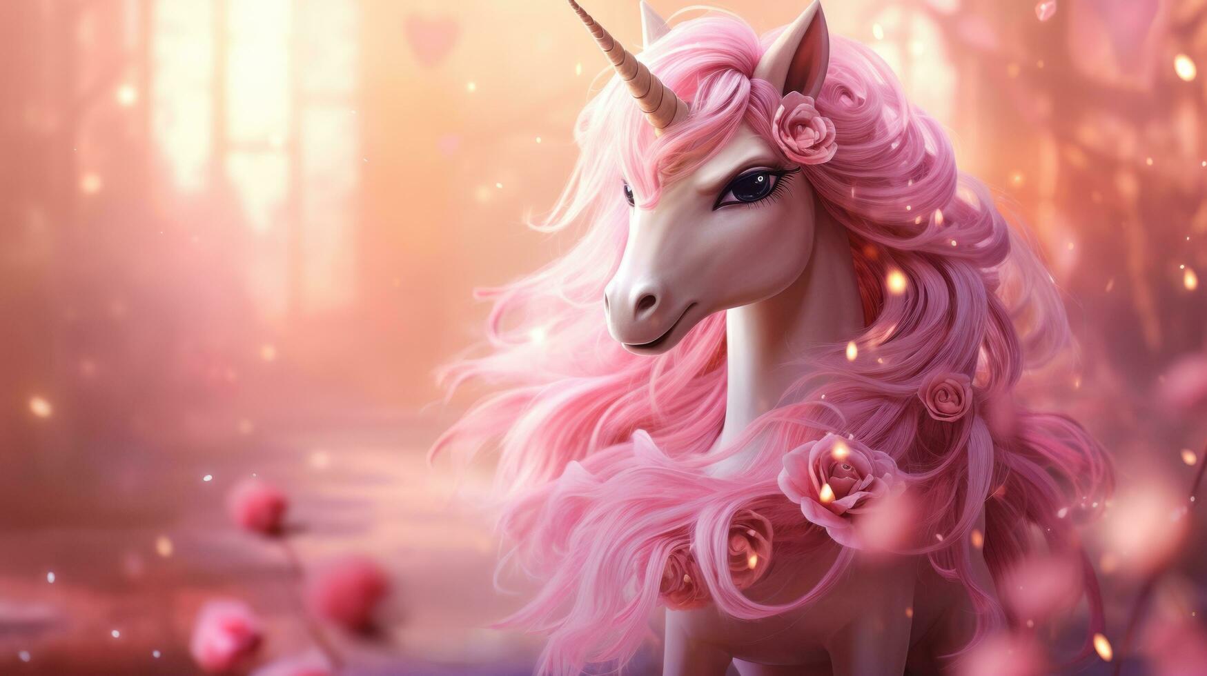 pink unicorn. pink blurred princess castle background photo