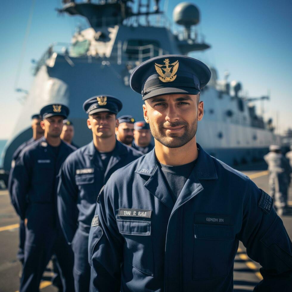 naval buque con marineros en cubierta en uniforme foto