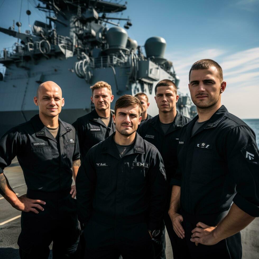 naval buque con marineros en cubierta en uniforme foto