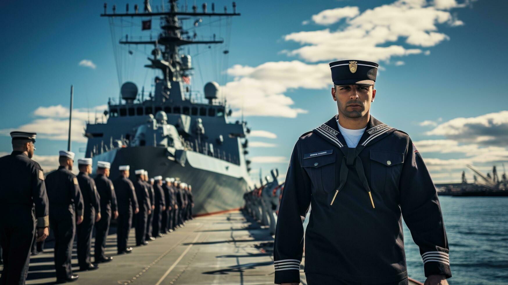 naval buque con marineros en cubierta en uniforme foto