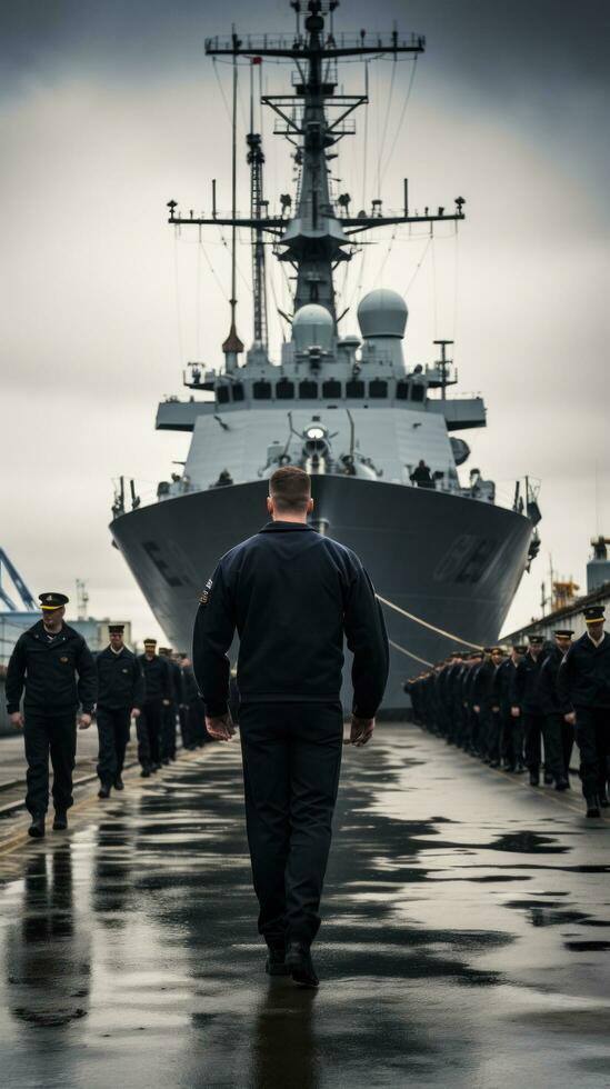 naval buque con marineros en cubierta en uniforme foto