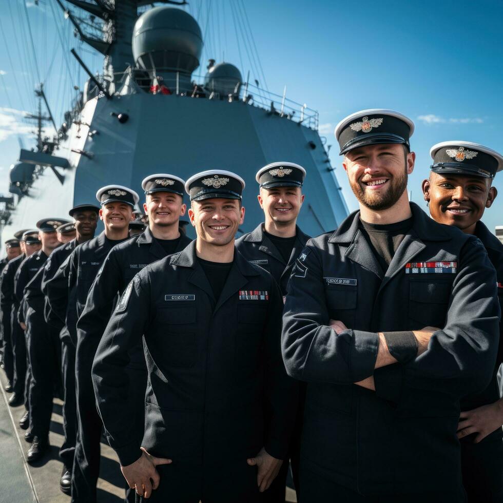 naval buque con marineros en cubierta en uniforme foto