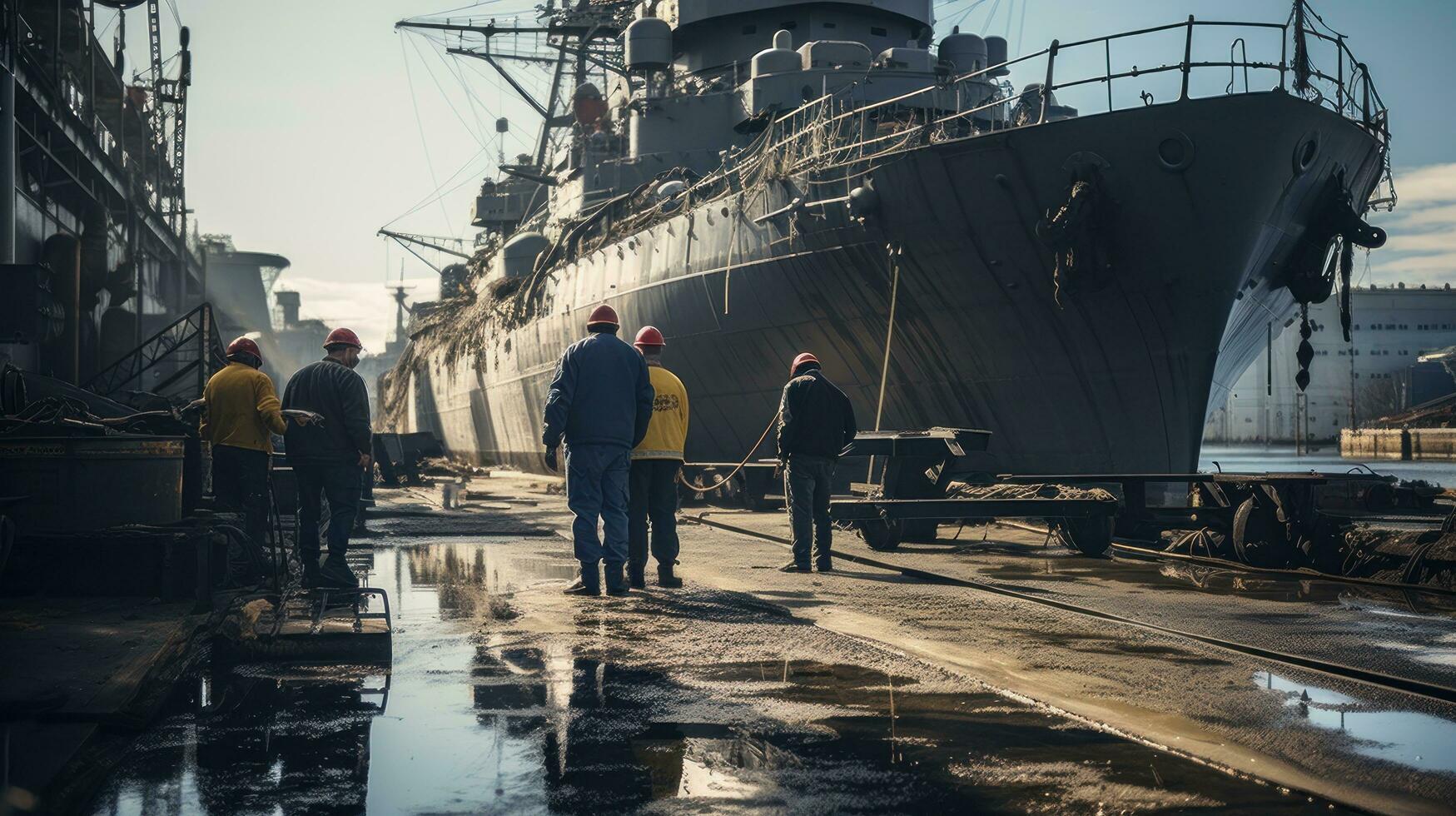 Crew members working on the deck of a battleship photo