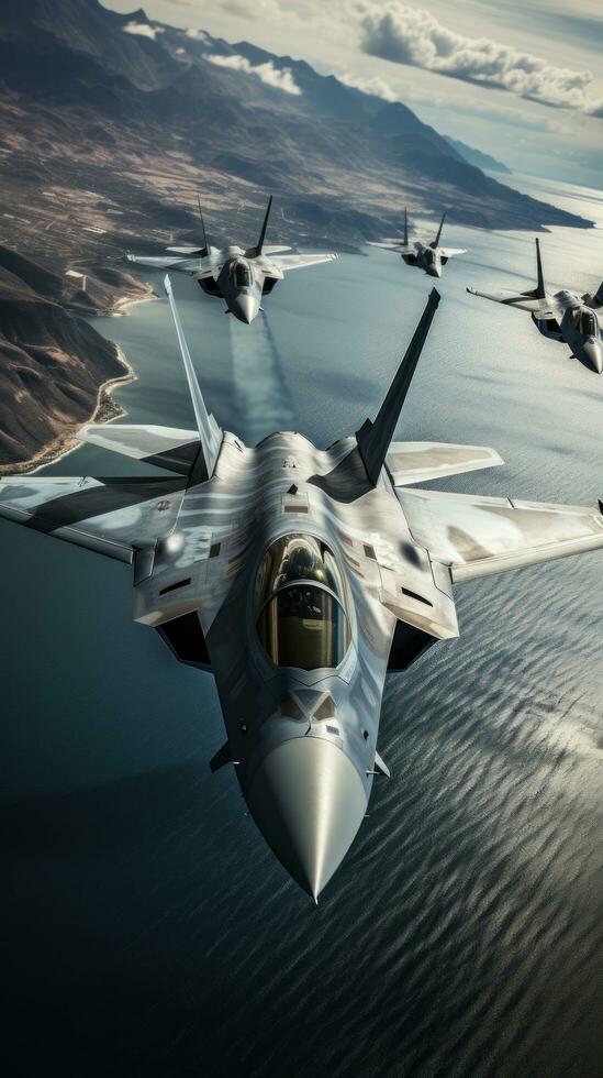 Fighter jets flying in formation over the ocean photo