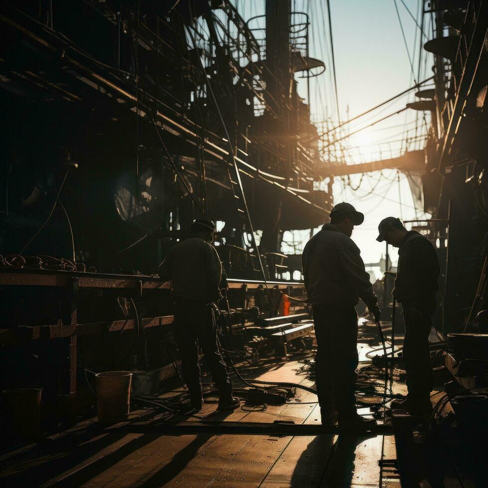 Crew members working on the deck of a battleship photo