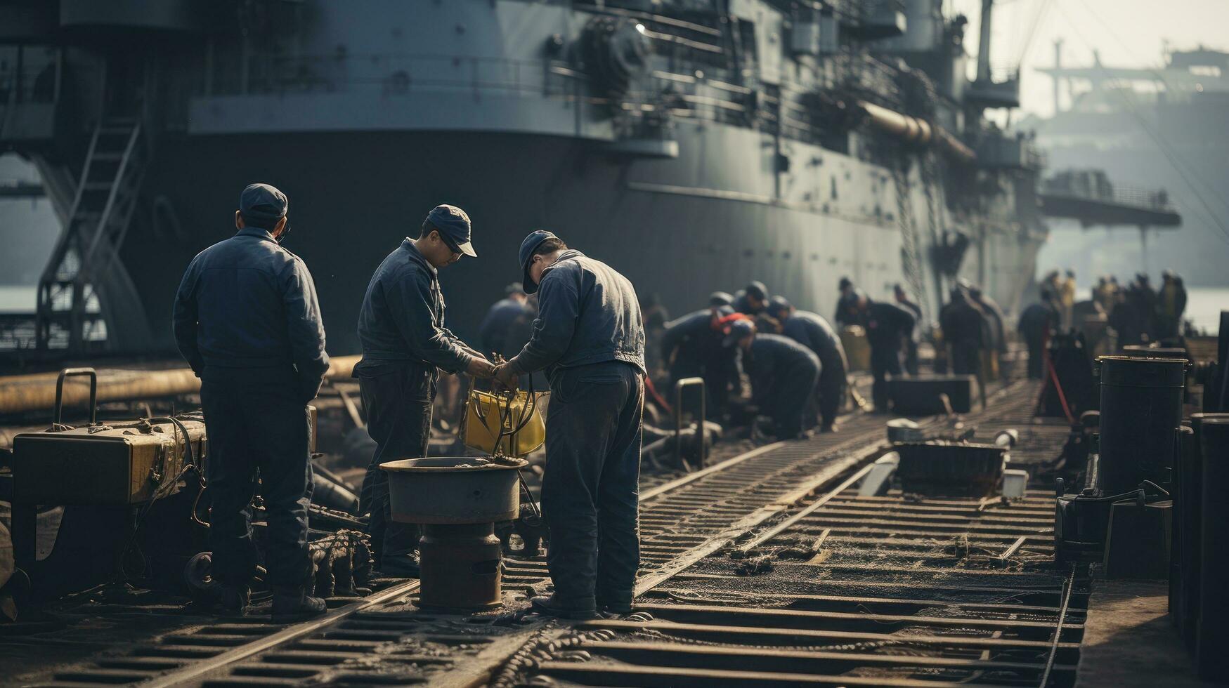 Crew members working on the deck of a battleship photo