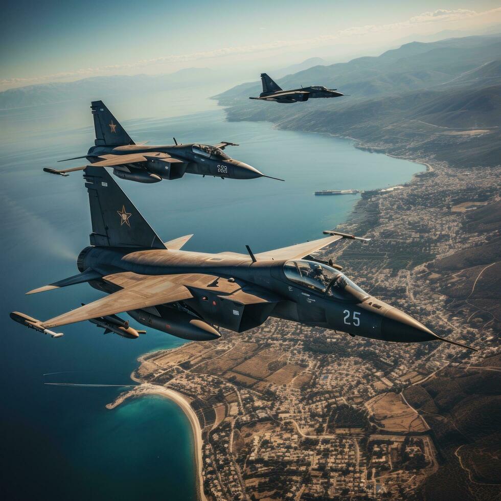 Fighter jets flying in formation over the ocean photo