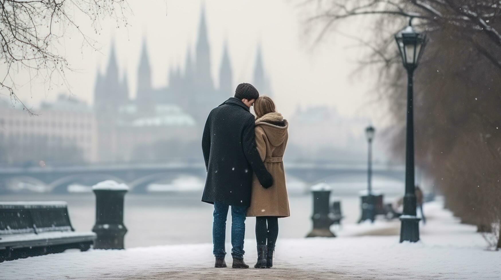 couple in love on the embankment of the river in winter photo