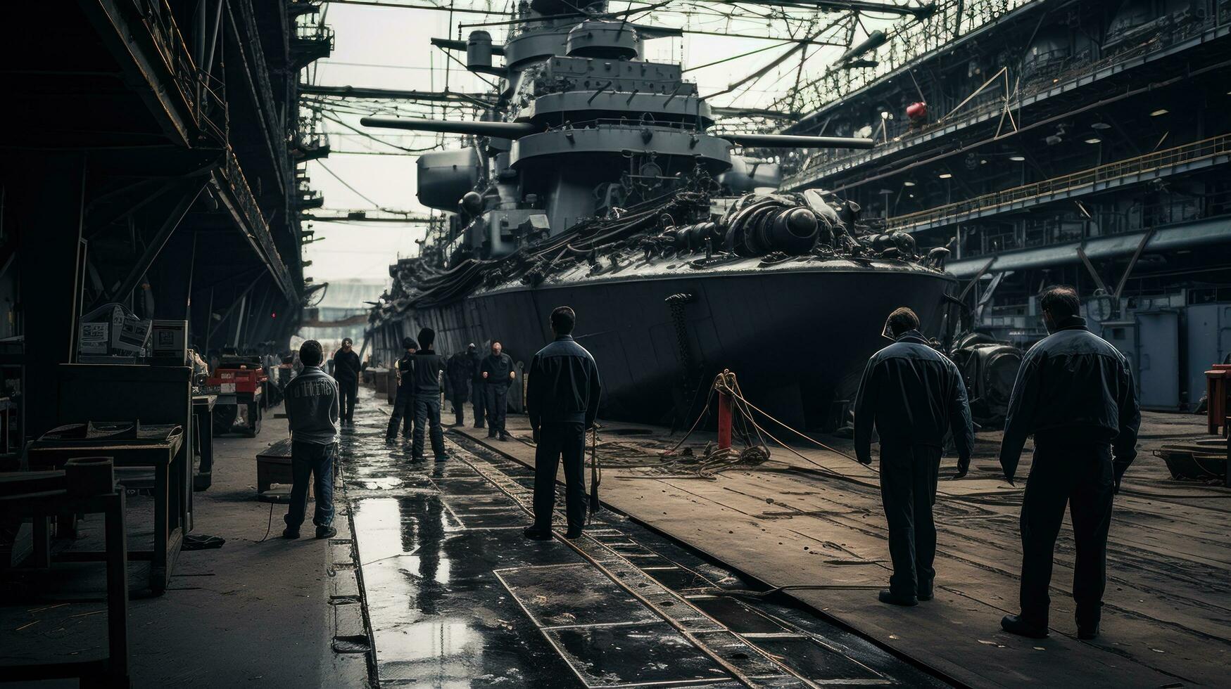 Crew members working on the deck of a battleship photo