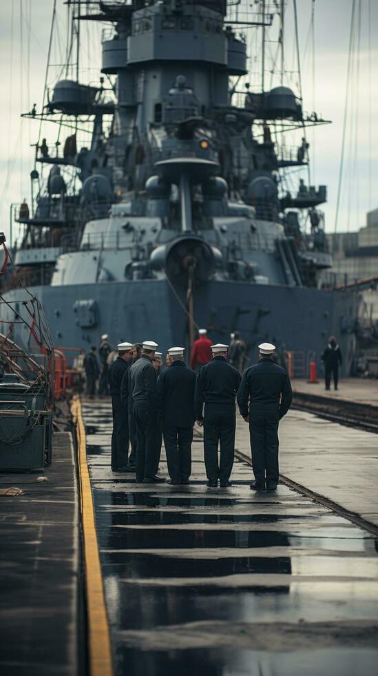 Crew members working on the deck of a battleship photo