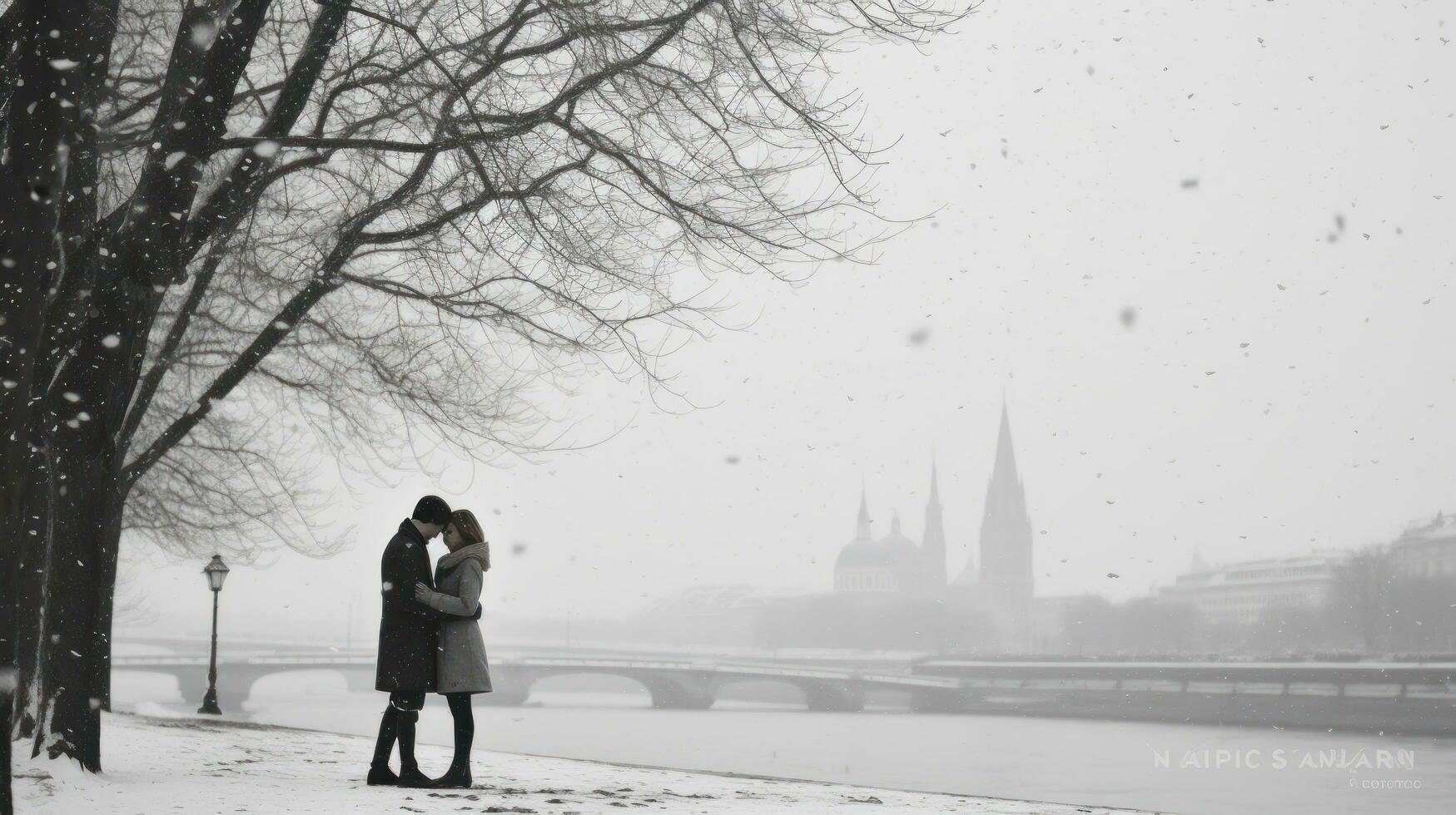 couple in love on the embankment of the river in winter photo