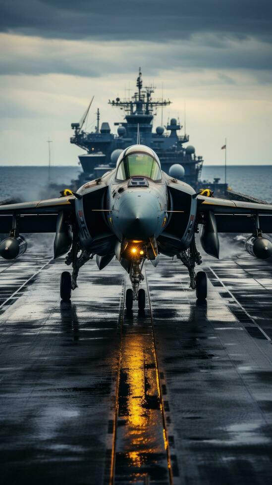 Fighter jet taking off from the deck of an aircraft carrier photo