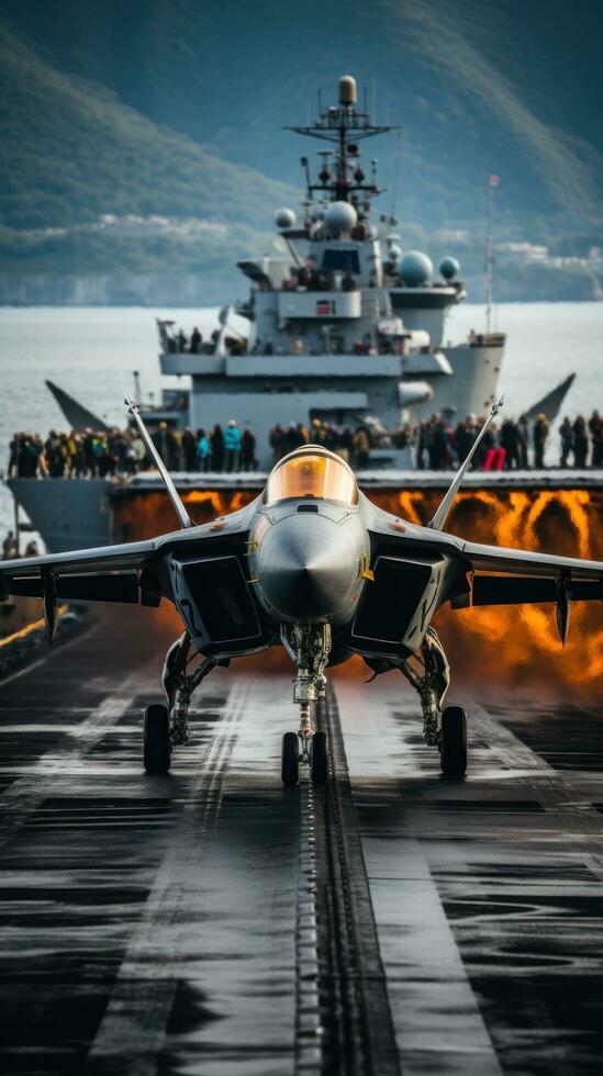 Fighter jet taking off from the deck of an aircraft carrier photo