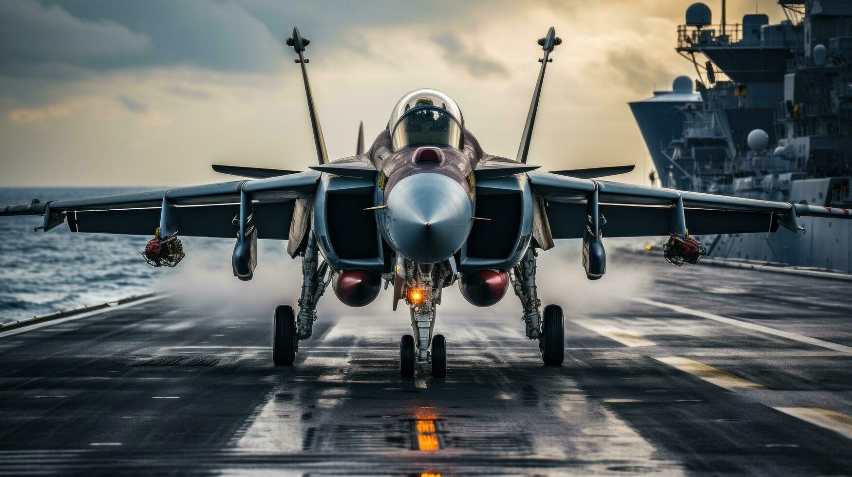 Fighter jet taking off from the deck of an aircraft carrier photo