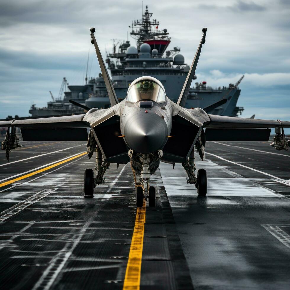 Fighter jet taking off from the deck of an aircraft carrier photo