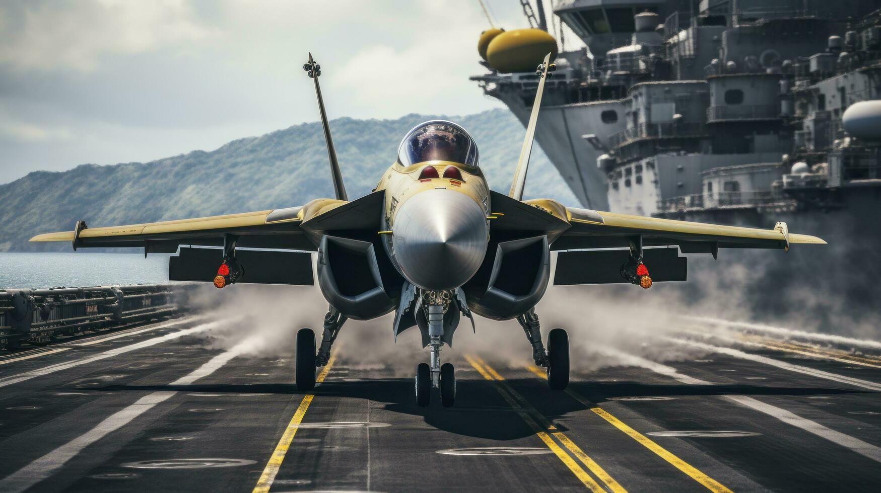 Fighter jet taking off from the deck of an aircraft carrier photo