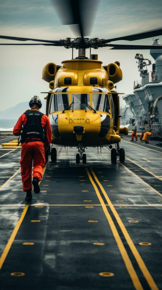 Helicopter landing on the deck of a ship photo