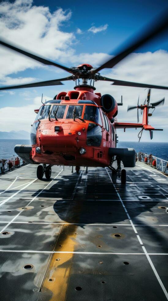 Helicopter landing on the deck of a ship photo