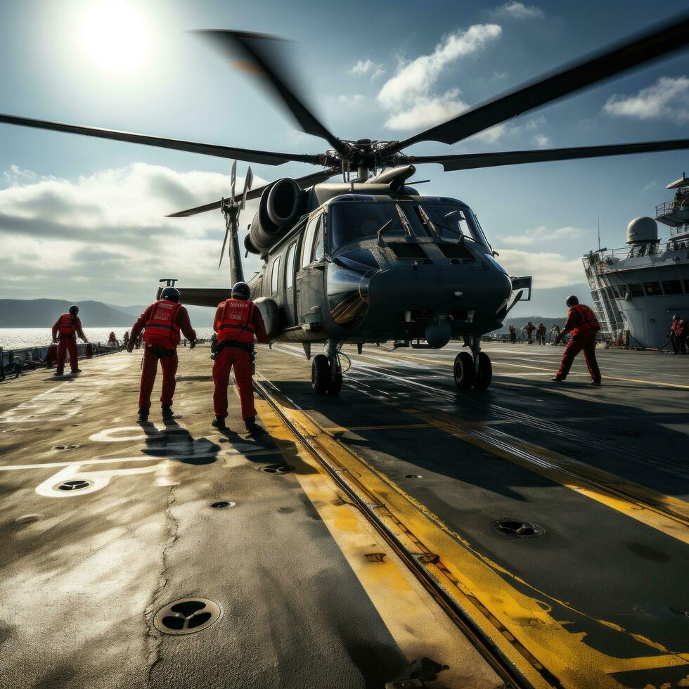 Helicopter landing on the deck of a ship photo