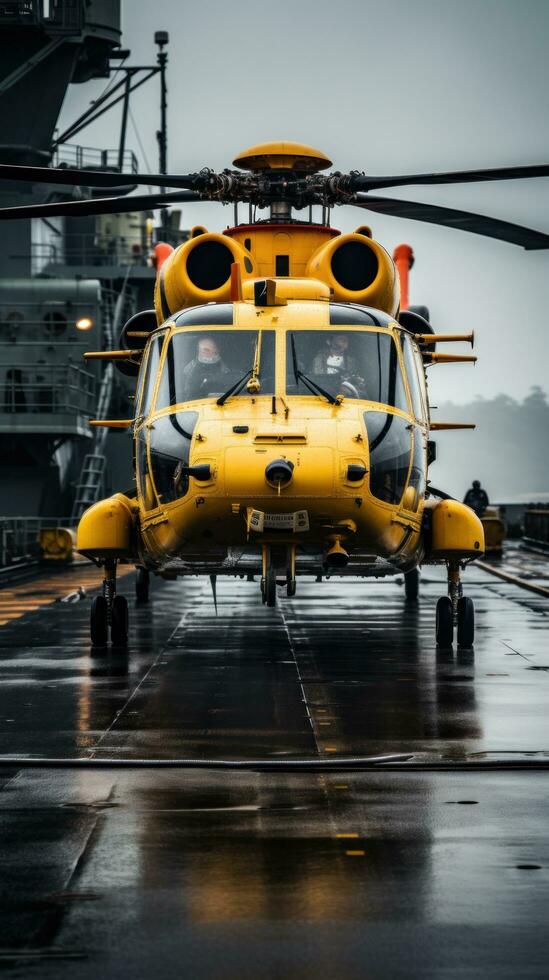 Helicopter landing on the deck of a ship photo