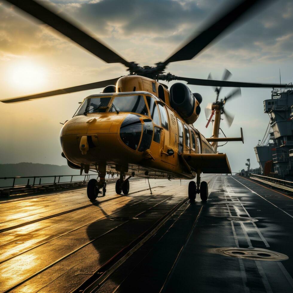 Helicopter landing on the deck of a ship photo