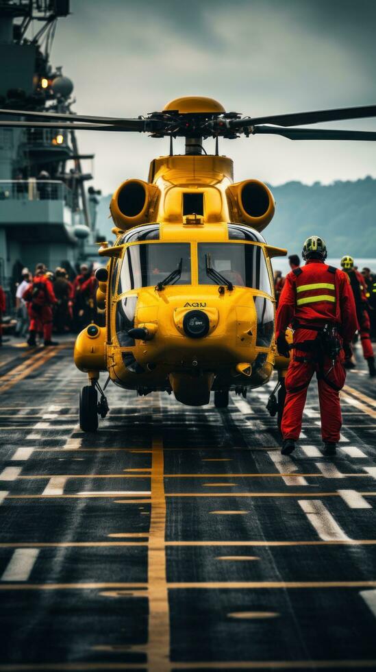 Helicopter landing on the deck of a ship photo