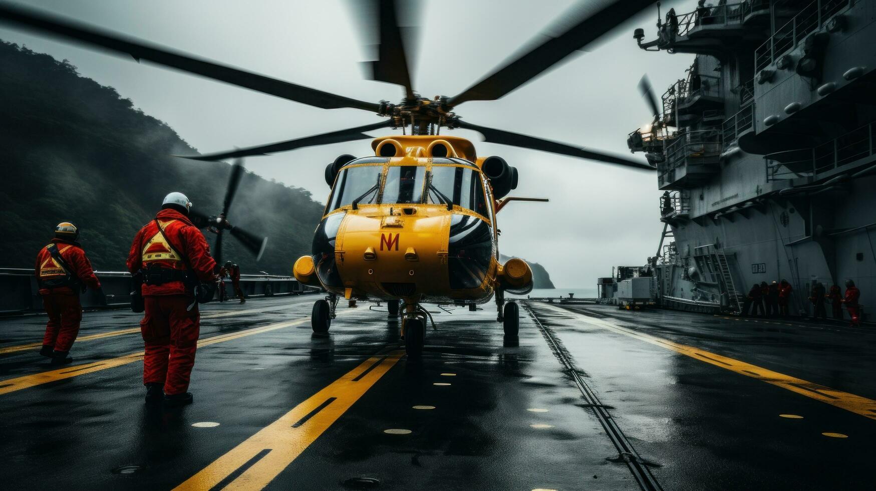 Helicopter landing on the deck of a ship photo