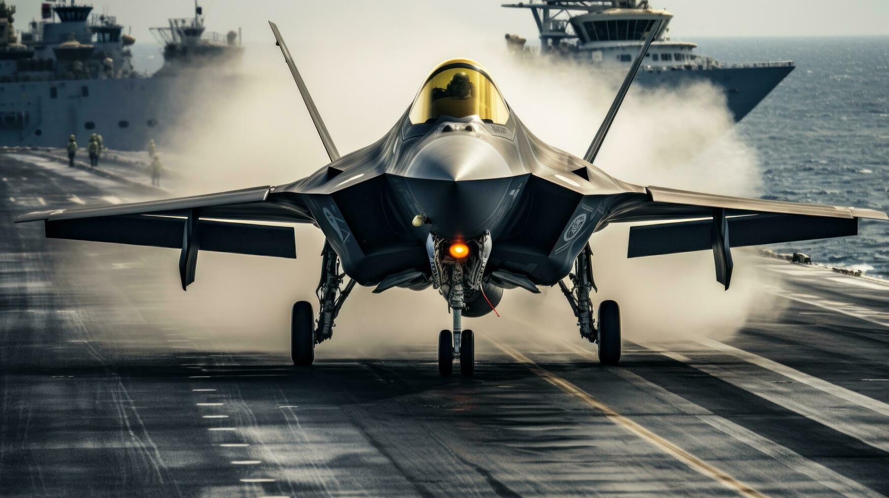Fighter jet taking off from the deck of an aircraft carrier photo