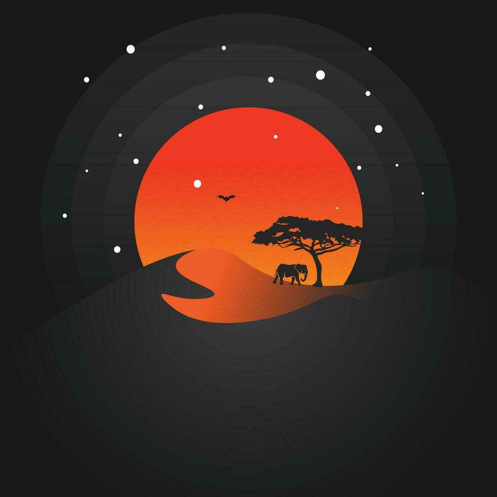 Beautiful night mountain with trees and elephant silhouette vector illustration