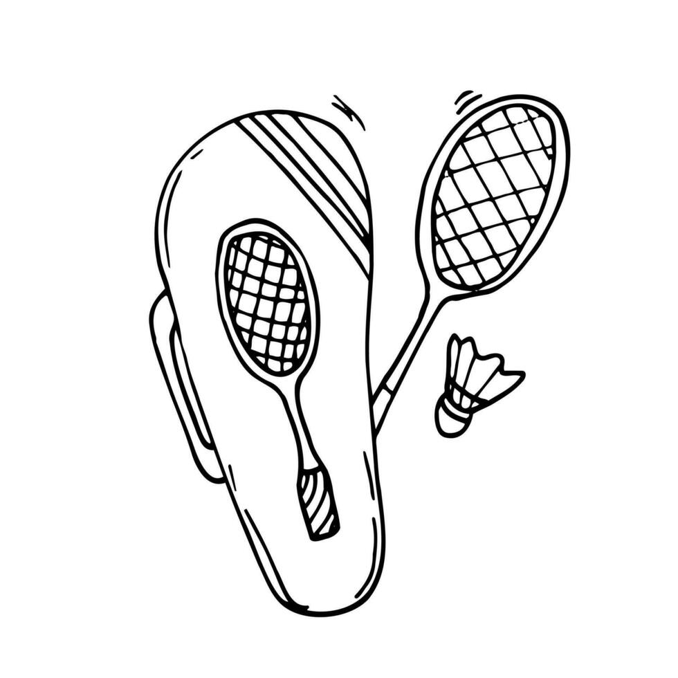 bolso de playa tenis bádminton línea icono. bádminton raqueta cubrir, mano dibujado vector ilustración