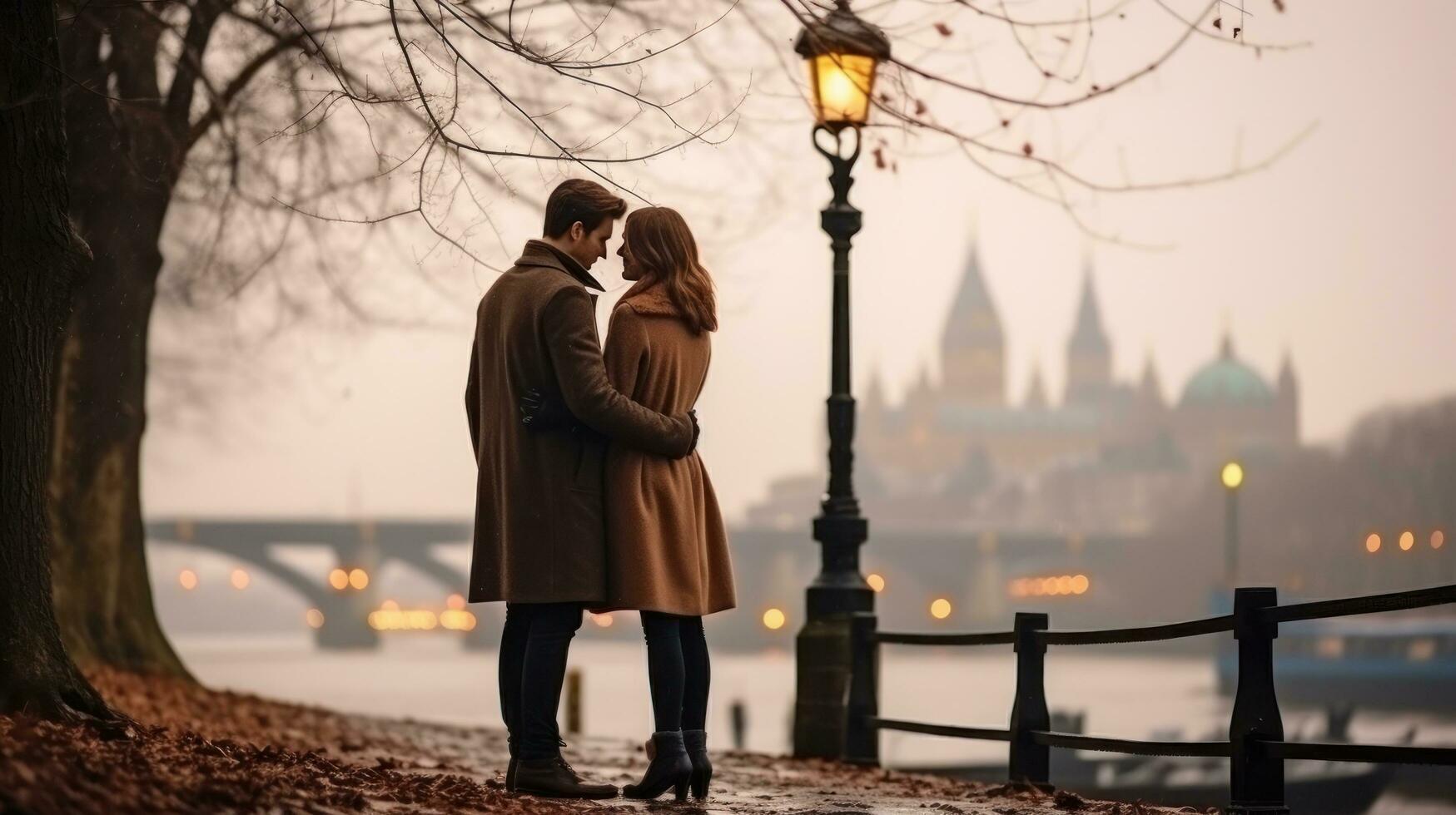 Pareja en amor en el terraplén de el río en invierno foto