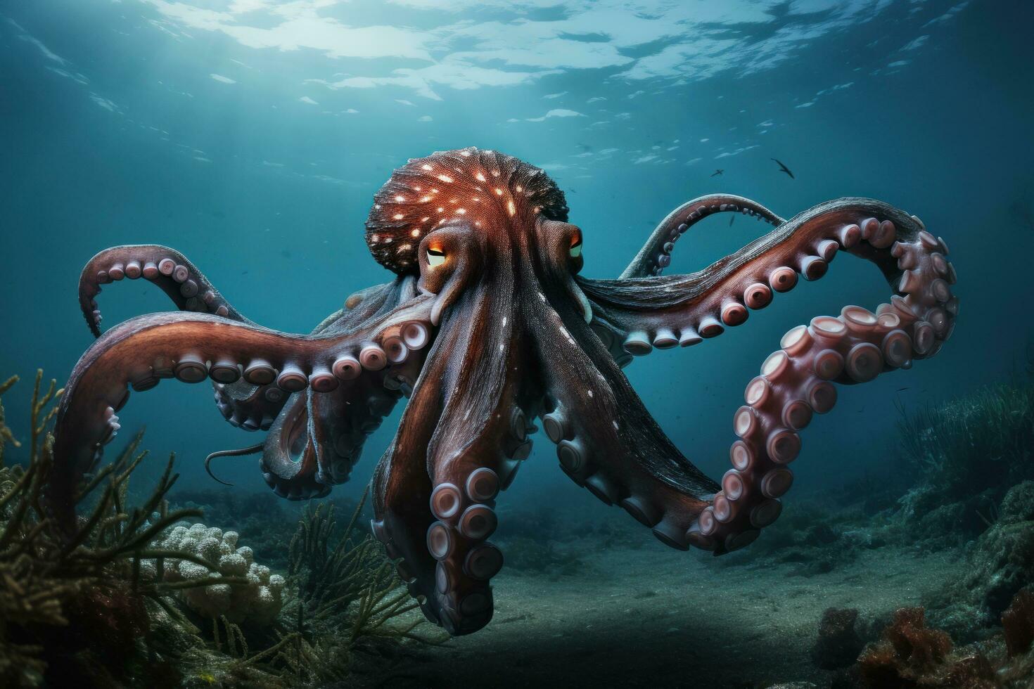 a large octopus swims in the depths of the ocean photo