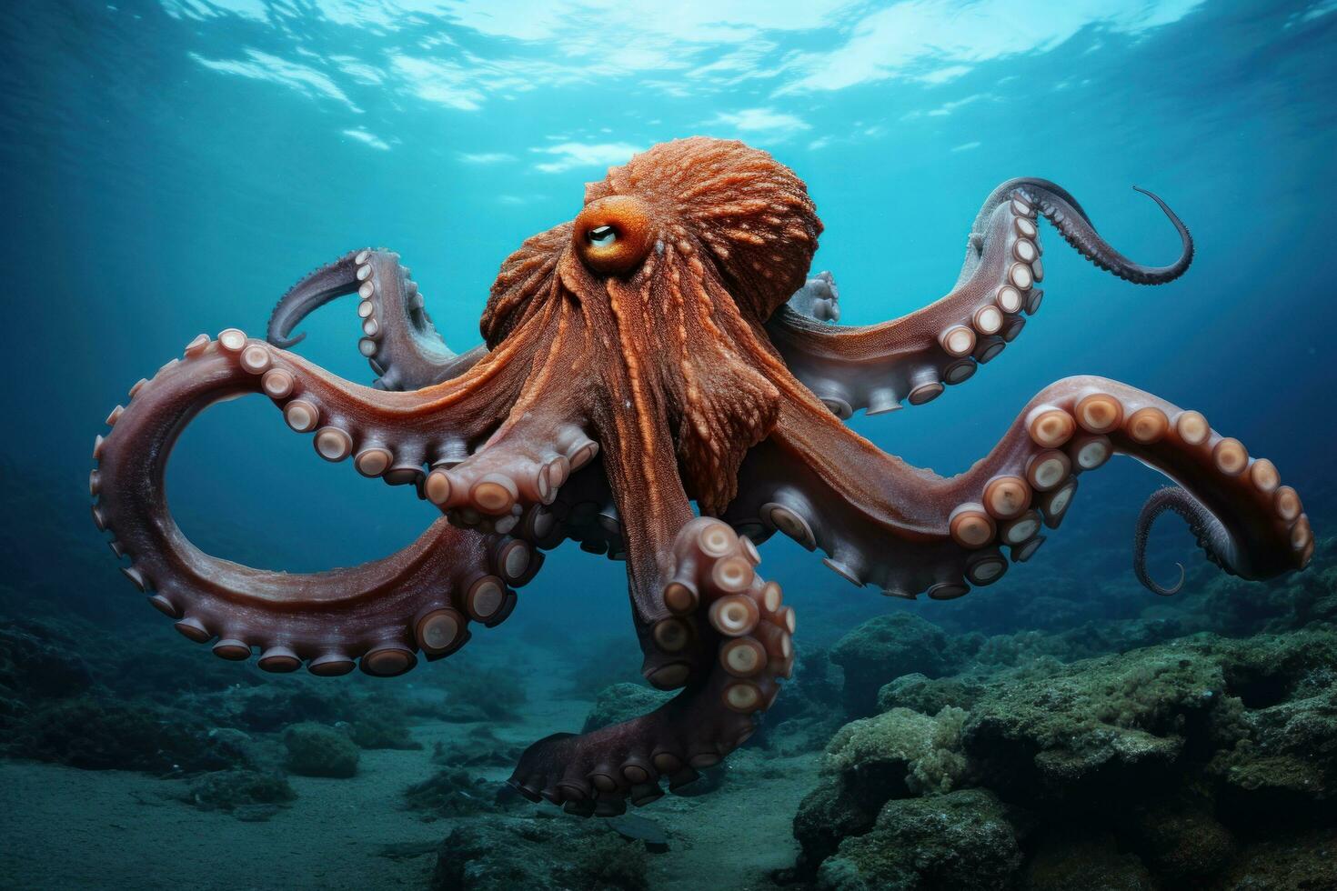 a large octopus swims in the depths of the ocean photo