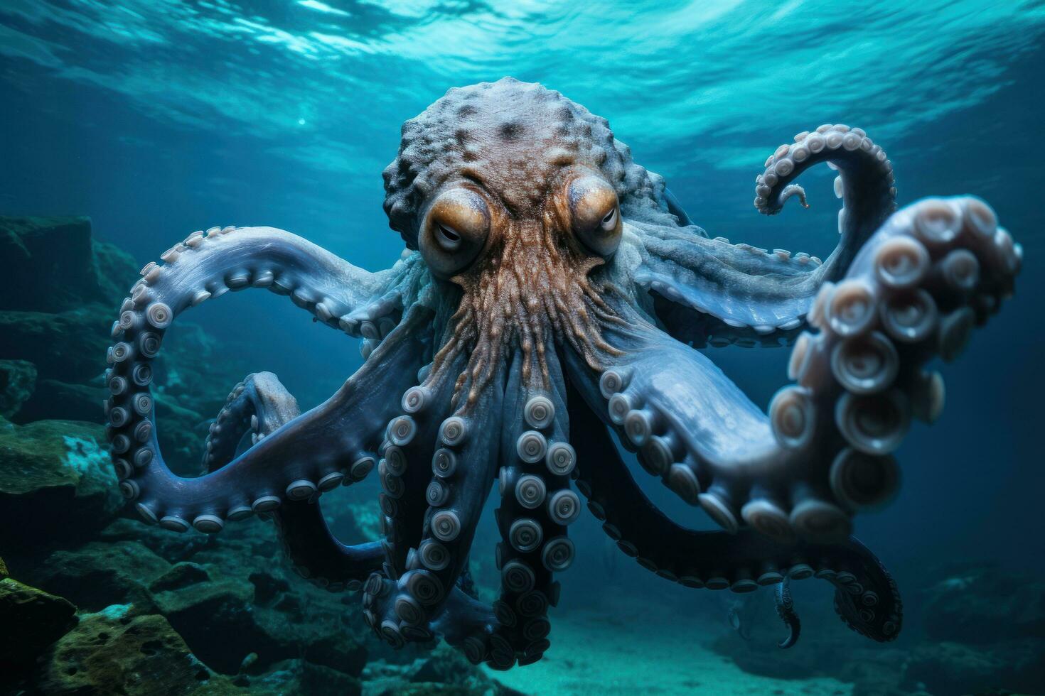 a large octopus swims in the depths of the ocean photo