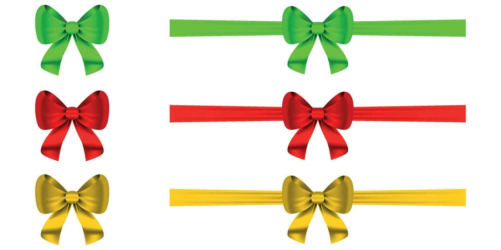 Set of realistic bow and horizontal ribbon. Shiny red, green, yellow color with shadow. For decorate gift boxes, wedding invitation or greeting card. Bow and ribbon vector Illustration